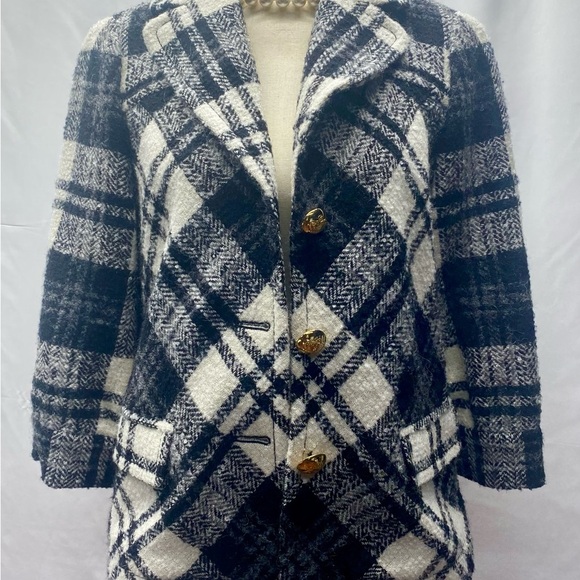 Juicy Couture Black and White Plaid Wool Jacket W XL Gold Buttons 3/4 Sleeves - Picture 1 of 12